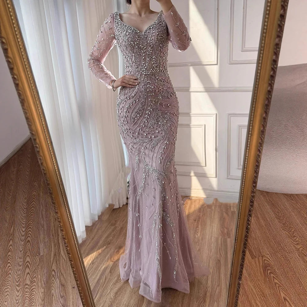 Luxury Muslim Nude Arabic Mermaid Beaded Evening Dress LA73191 - SERENE HILL