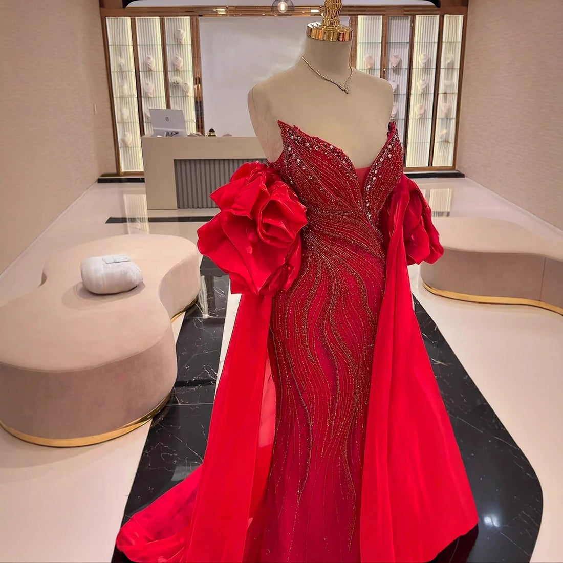 Luxury Designer Red Beaded Mermaid Evening Dress with Cape LA72896 - SERENE HILL