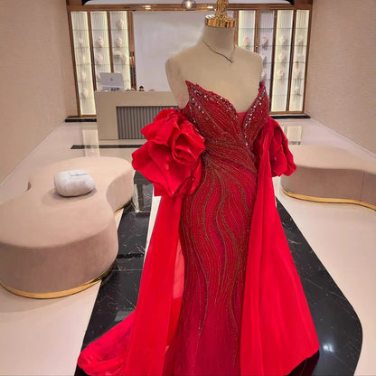 Luxury Designer Red Beaded Mermaid Evening Dress with Cape LA72896 - SERENE HILL