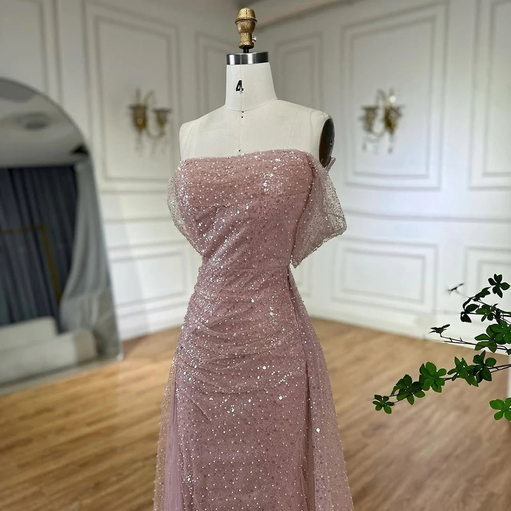 Luxury Dubai Customize Pink Elegant Saudi Mermaid Beaded Arabic Evening Dresses Gown For Formal Occasion LA72204A - SERENE HILL