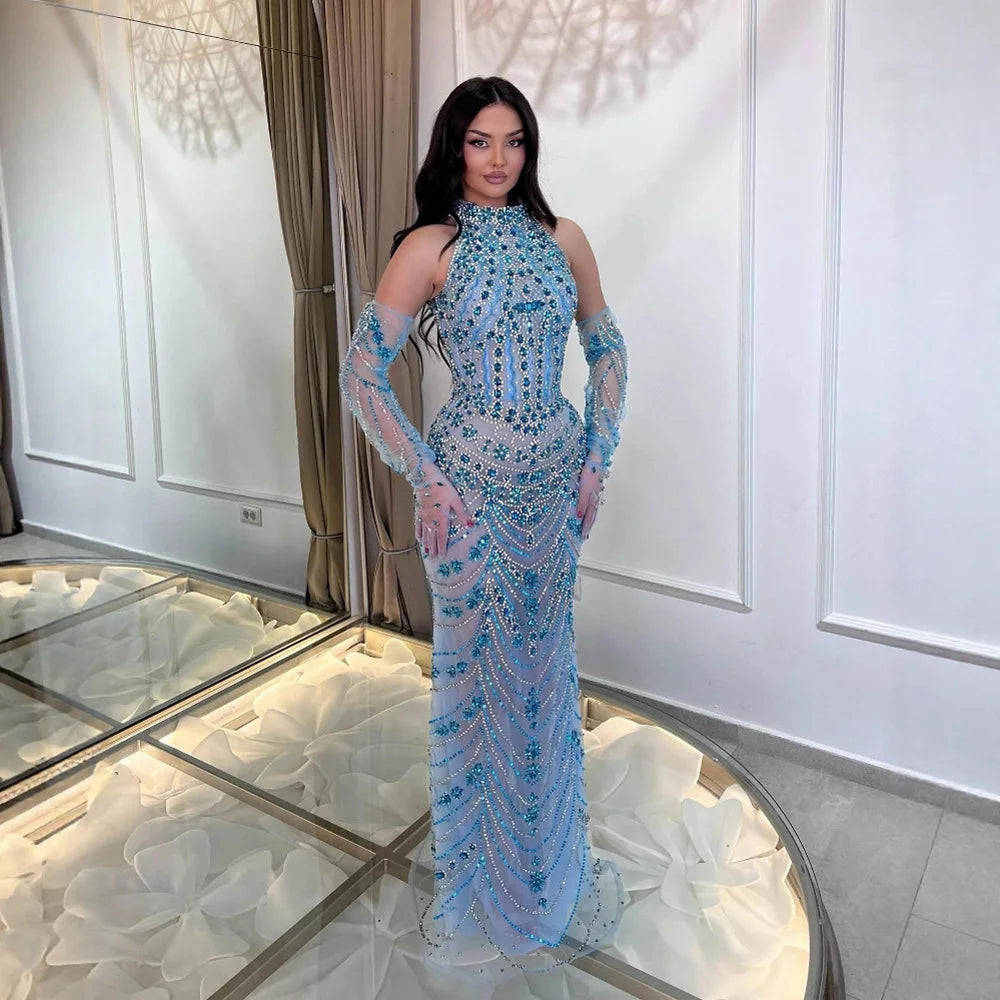 Luxury Dubai Arabic Blue Beaded Evening Dress with Gloves LA72760A - SERENE HILL