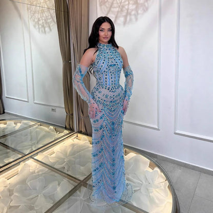 Luxury Dubai Arabic Blue Beaded Evening Dress with Gloves LA72760A - SERENE HILL