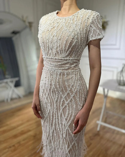 White Nude Ankle Length Beaded Evening Dress with Feathers LA72076A - SERENE HILL