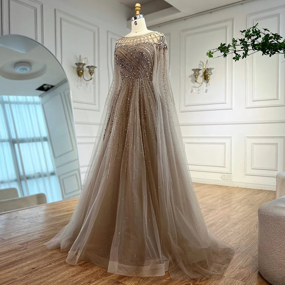 Luxury Caramel Beaded Evening Dress with Cape LA72994 - SERENE HILL