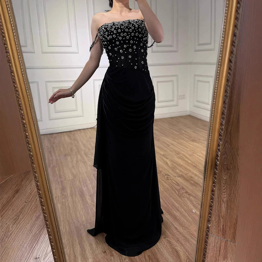 Luxury Black Beaded Mermaid Prom Dress with Spaghetti Straps LA73047 - SERENE HILL
