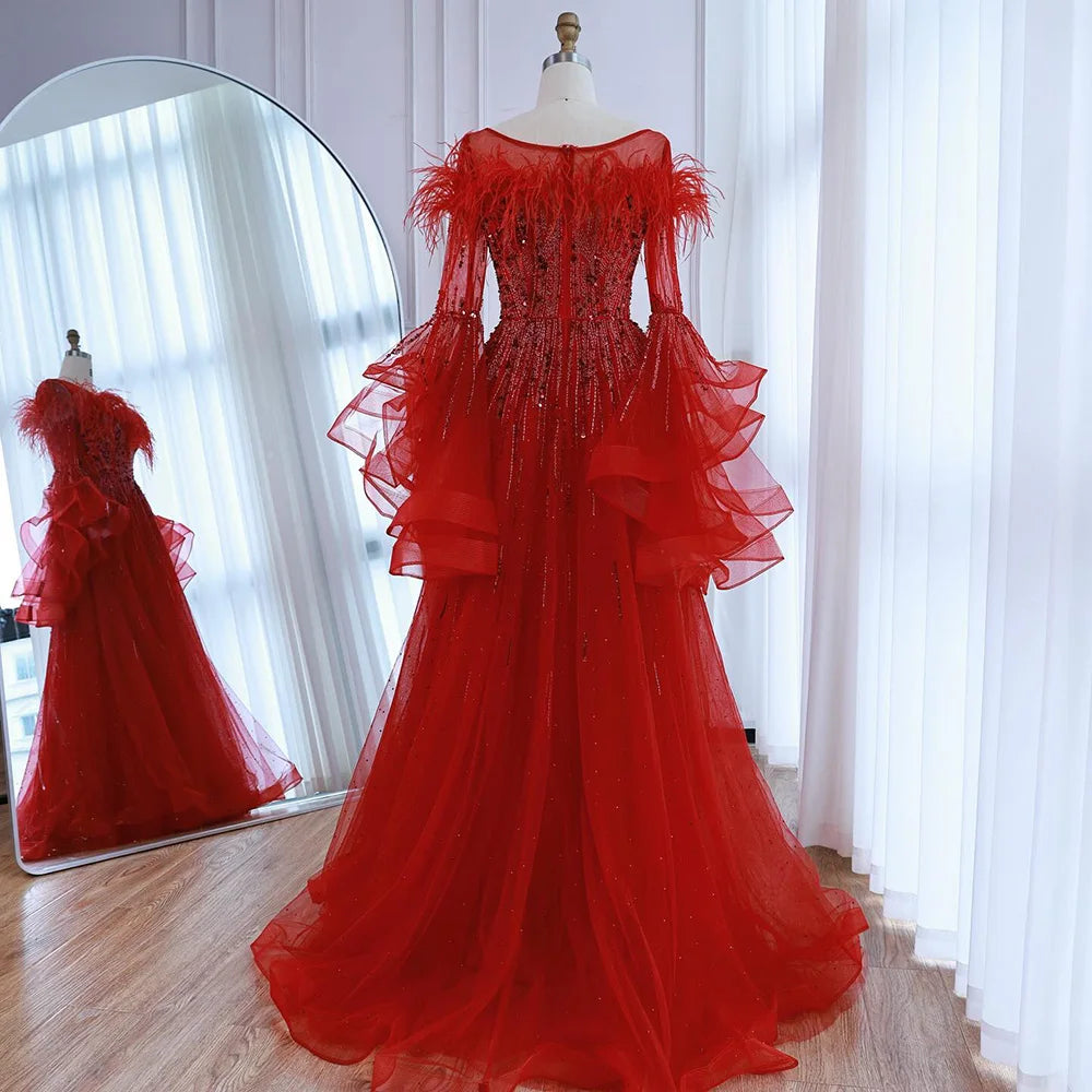 Luxury Red Feathered A-Line Evening Dress with Puffy Sleeves LA73080 - SERENE HILL
