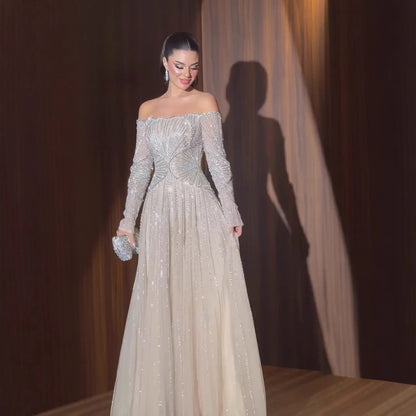 Luxury Beige Arabic A-Line Evening Dress 2026 For Wedding Party LA73333 - SERENE HILL
