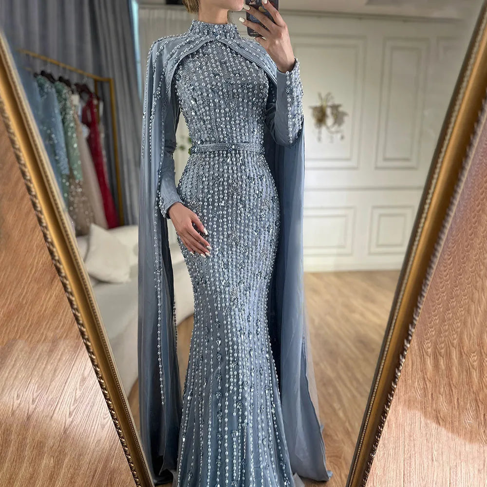 Modest Blue Muslim Beaded Evening Gown with Cape Sleeves LA72533 - SERENE HILL