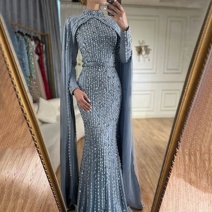 Modest Blue Muslim Beaded Evening Gown with Cape Sleeves LA72533 - SERENE HILL