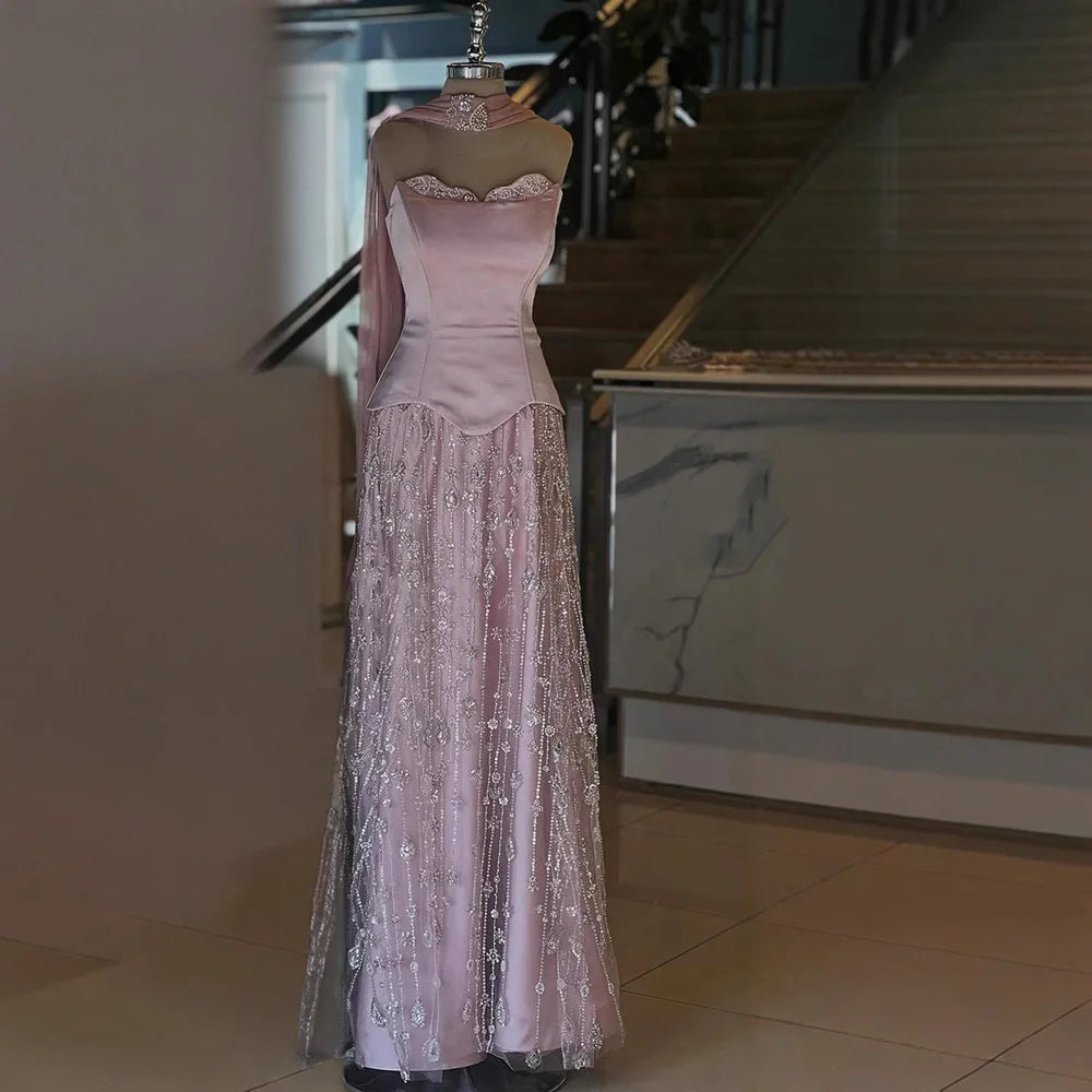 Luxury Sage Green and Pink Arabic Beaded Evening Dress LA72805D - SERENE HILL