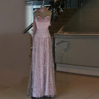 Luxury Sage Green and Pink Arabic Beaded Evening Dress LA72805D - SERENE HILL