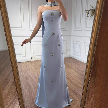 Luxury Pink Arabic Mermaid Crystal Evening Dress with Cape LA73100 - SERENE HILL