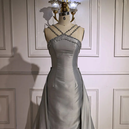 Elegant Light Blue Satin Evening Dress with Overskirt LA72524 - SERENE HILL
