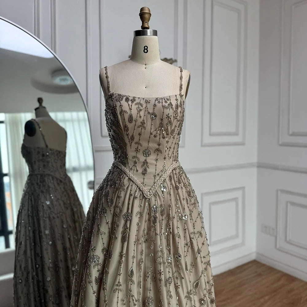 Luxury Sage Green Beaded A-Line Spaghetti Strap Evening Dress LA72805 - SERENE HILL
