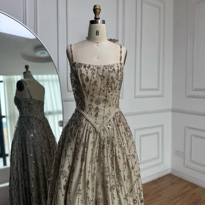 Luxury Sage Green Beaded A-Line Spaghetti Strap Evening Dress LA72805 - SERENE HILL