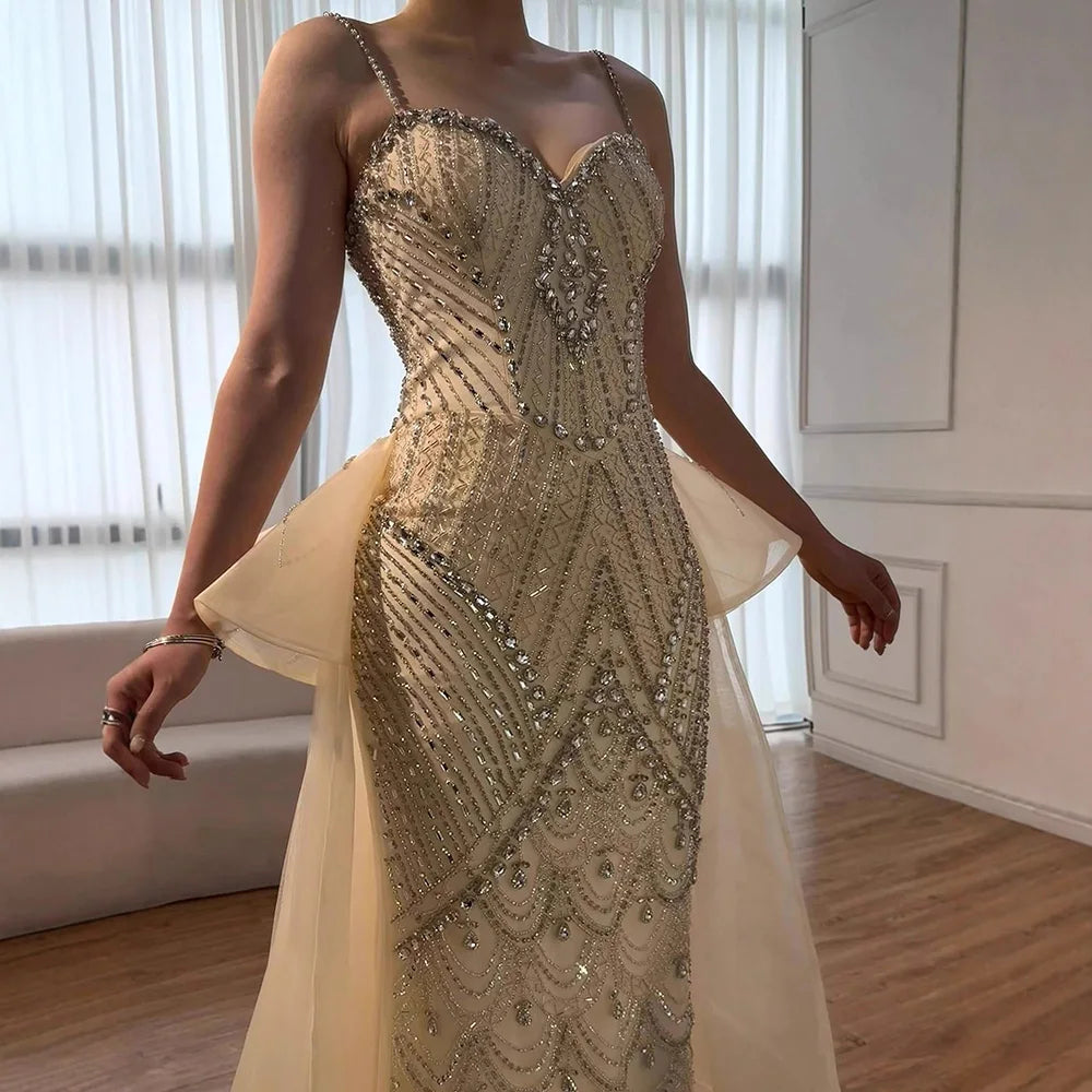 Luxury Pink Crystal Beaded Mermaid Evening Dress with Overskirt LA73143 - SERENE HILL