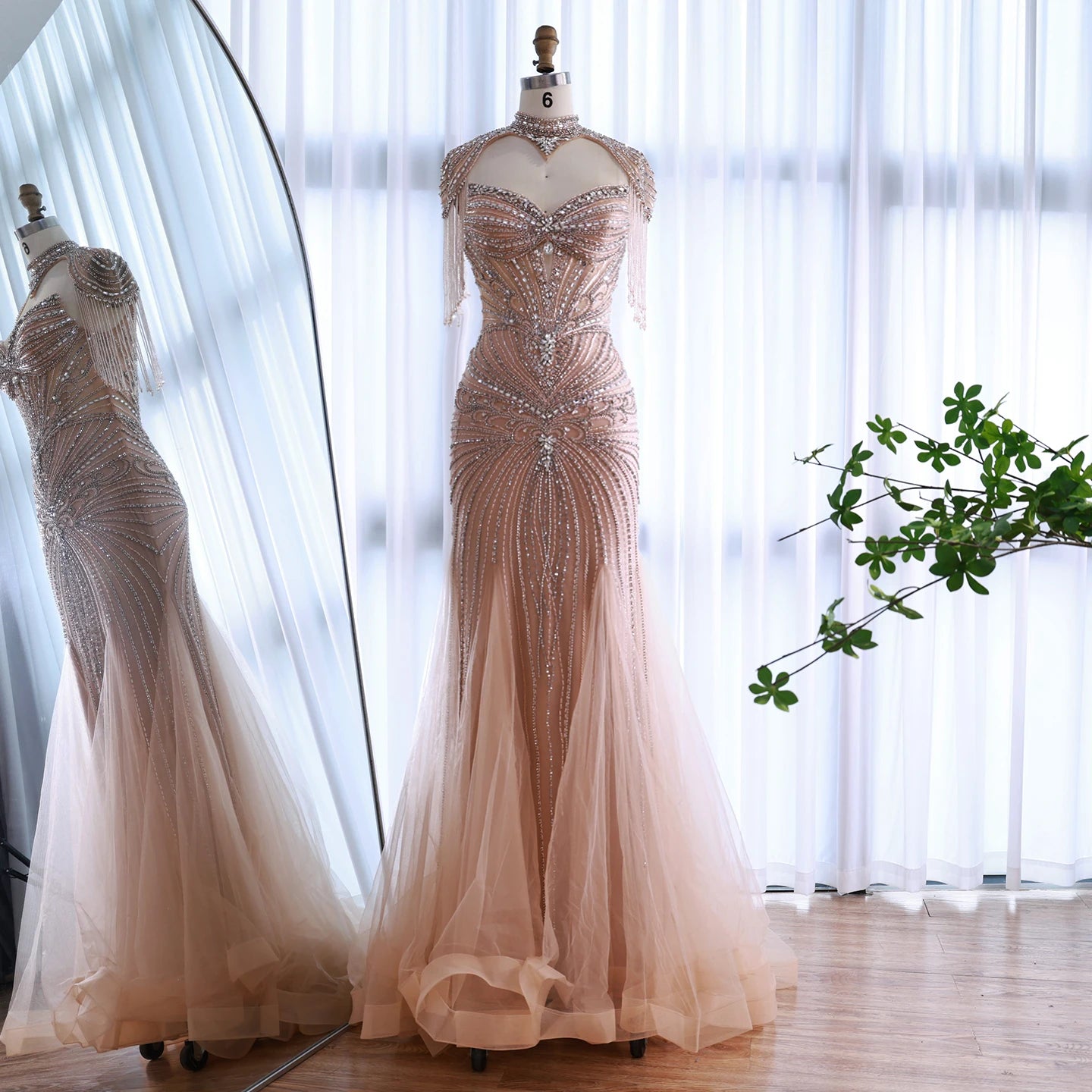 Luxury Dubai Beaded Blue Pink Evening Dress with Tassel Cape LA72897B - SERENE HILL