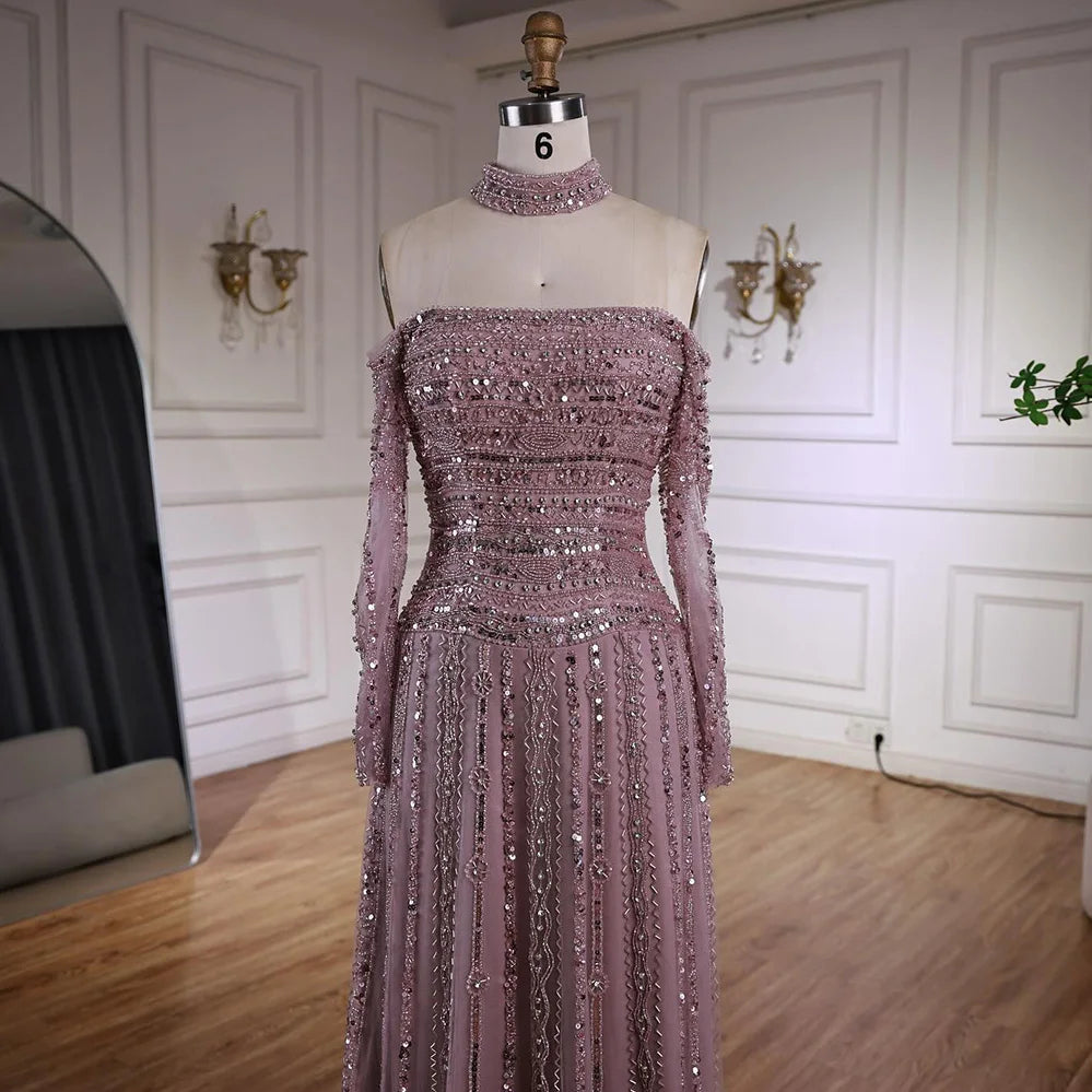 Luxury Caramel Off Shoulder Beaded Mermaid Evening Dress Long Sleeves LA73053 - SERENE HILL