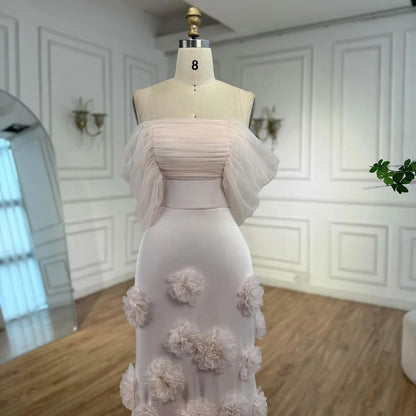 Elegant pink 3D flower off-shoulder evening dress LA72943 - SERENE HILL