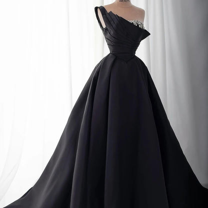 Luxury Black Satin One Shoulder Beaded A-Line Evening Dress LA72741 - SERENE HILL