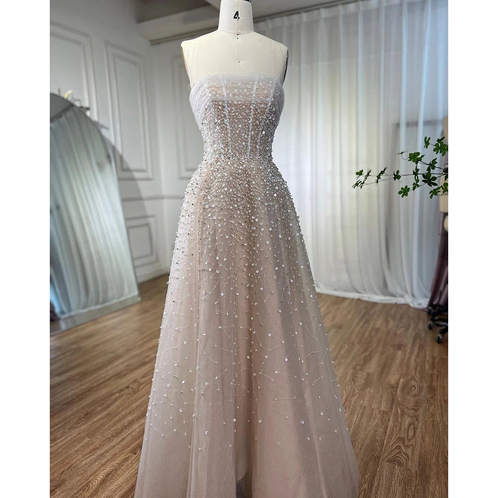 Pearls White Nude Arabic Evening Dresses with Gloves LA72009 - SERENE HILL