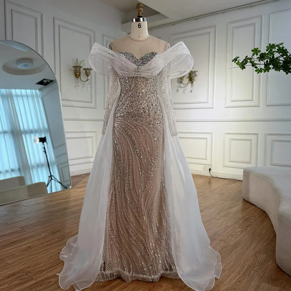 Elegant White Nude Sequin Beaded Mermaid Evening Gown LA72266C - SERENE HILL