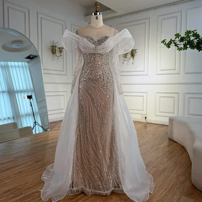 Elegant White Nude Sequin Beaded Mermaid Evening Gown LA72266C - SERENE HILL