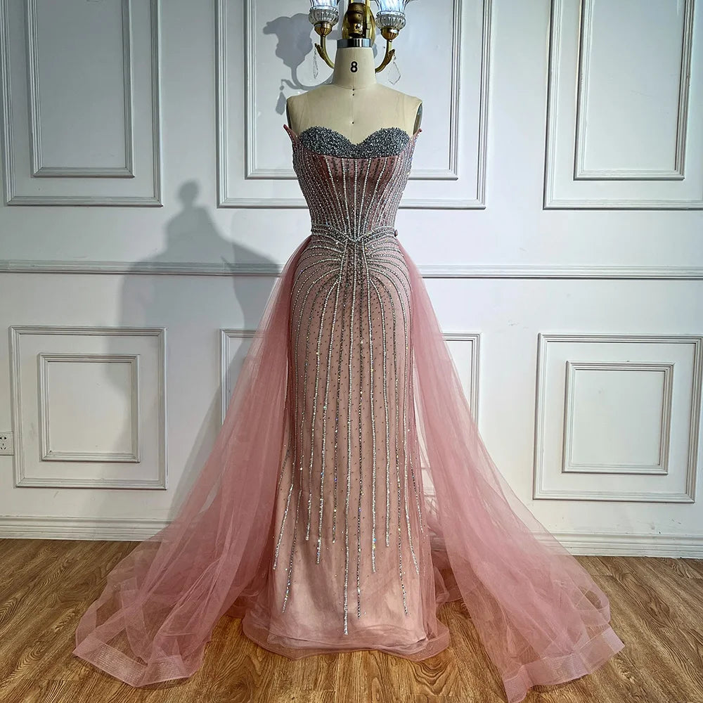 Pink Pearls Beaded Arabic Mermaid Evening Dress with Overskirt LA72811B - SERENE HILL