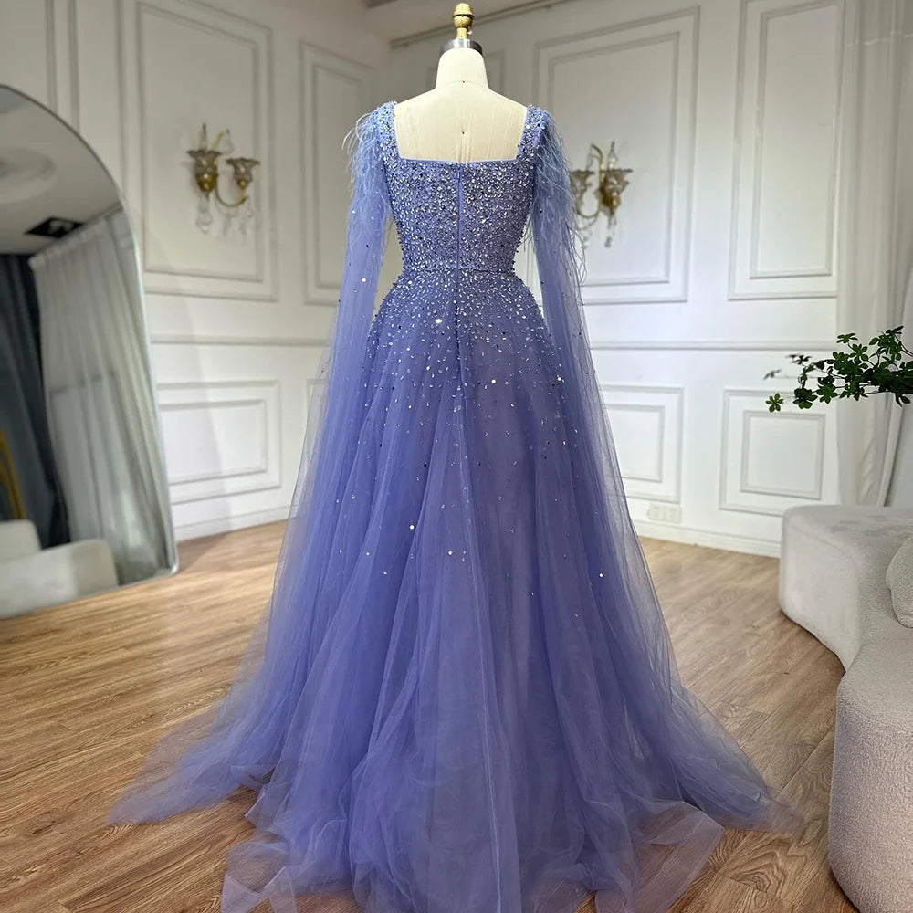 Luxury Blue A-Line Feathers Beaded Evening Dress with Cape Sleeves LA71782A - SERENE HILL