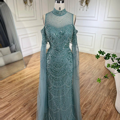 Serene Hill Dubai Pink Cape Sleeves Mermaid Beaded Luxury Long Arabic Evening Dresses Gowns for Woman Wedding Party LA71992A - SERENE HILL
