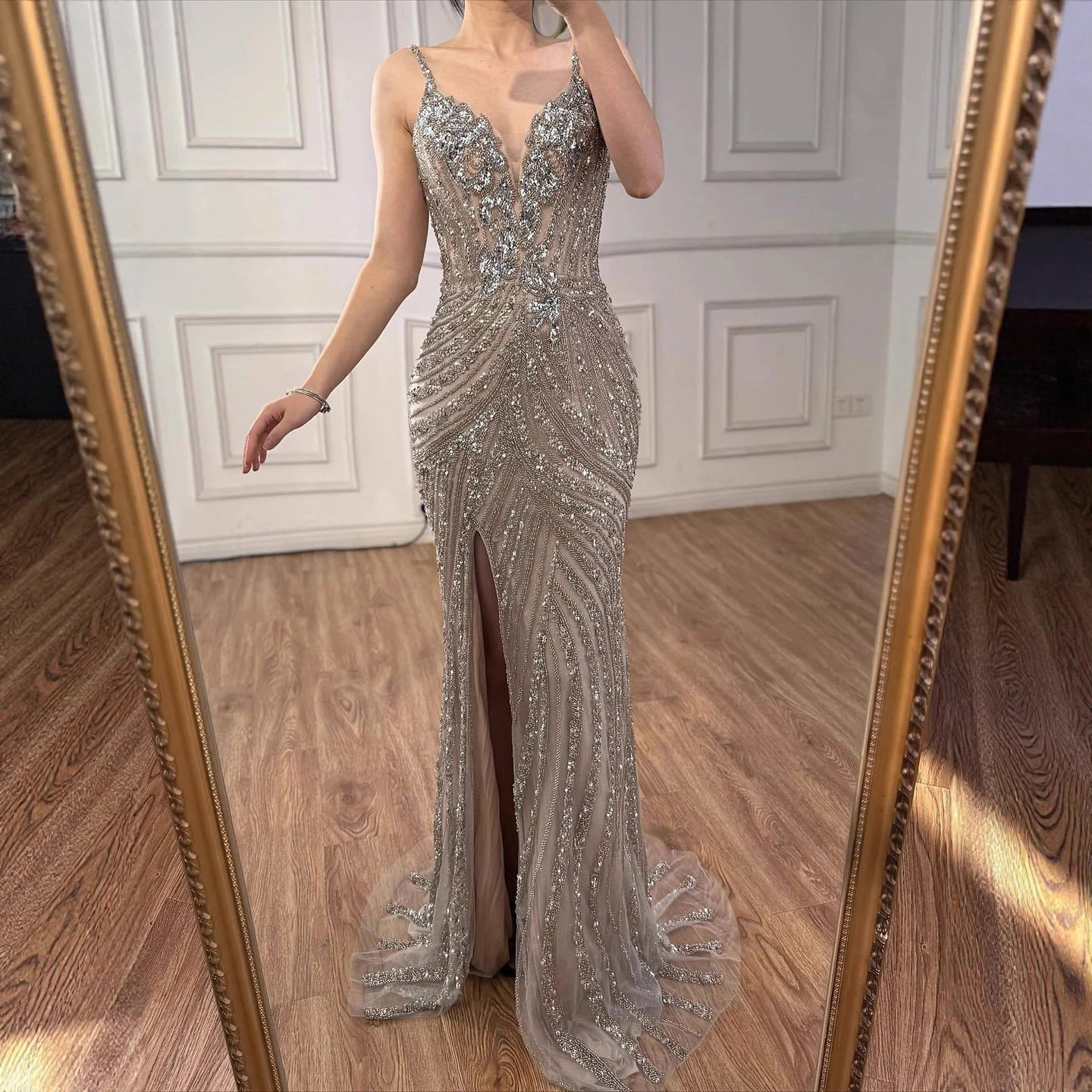 Luxury Nude Beaded High Slit Mermaid Evening Dress LA73340 - SERENE HILL