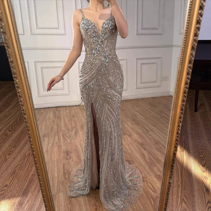 Luxury Nude Beaded High Slit Mermaid Evening Dress LA73340 - SERENE HILL
