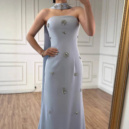 Luxury Pink Arabic Mermaid Crystal Evening Dress with Cape LA73100 - SERENE HILL