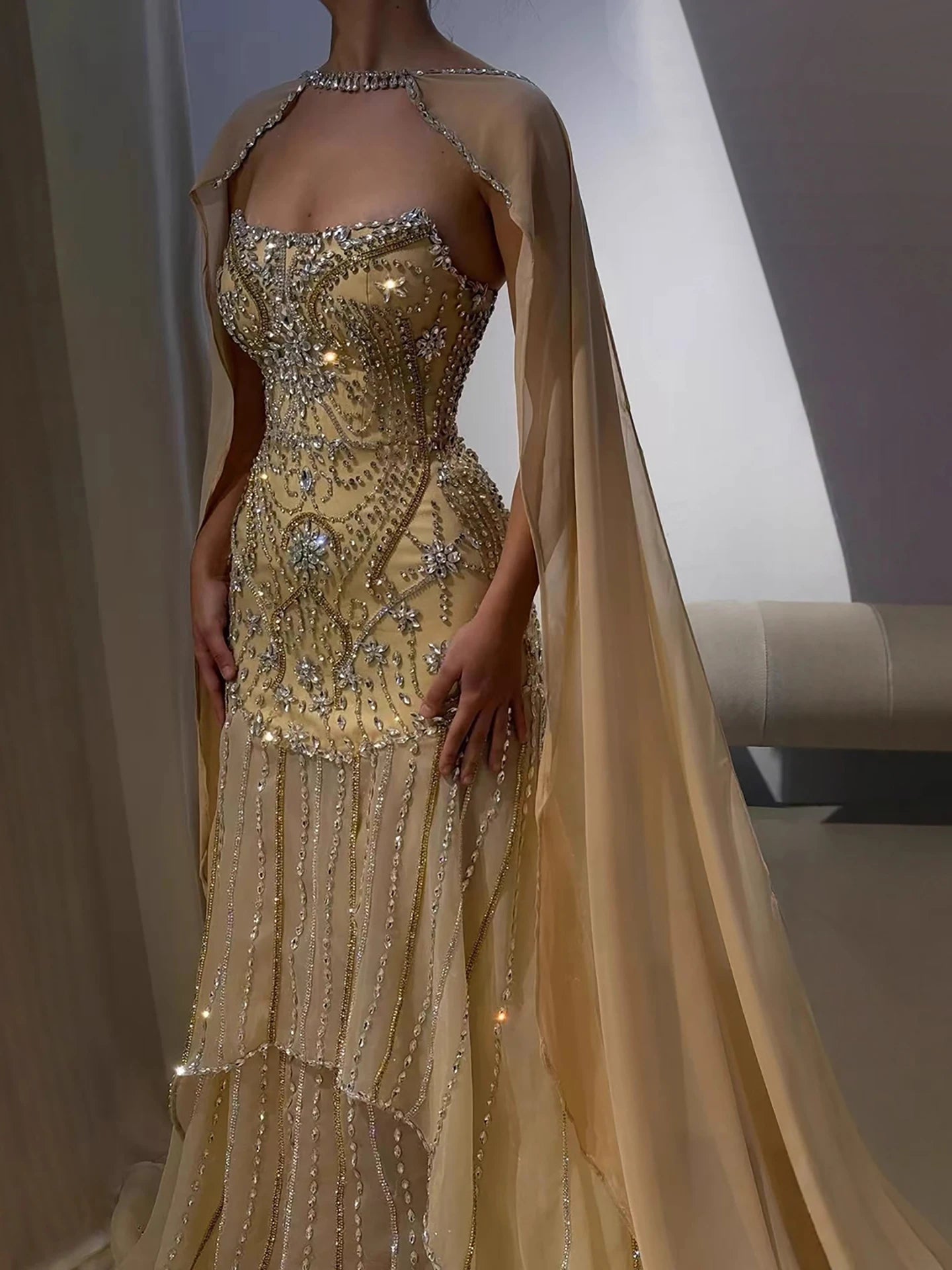 Luxury Gold Diamond Evening Dress with Cape for Wedding Party LA73224 - SERENE HILL