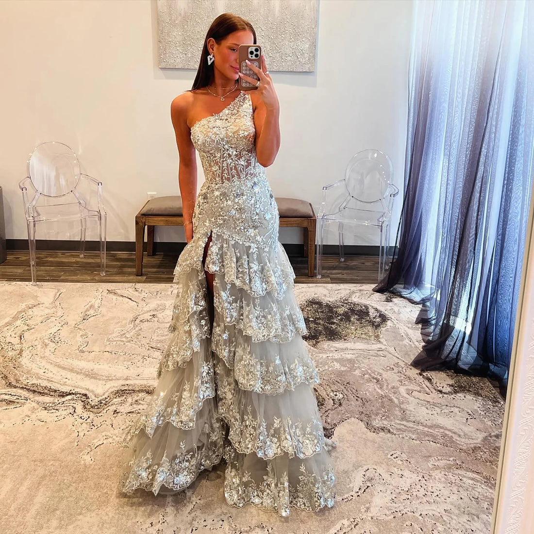 Luxury Silver Tiered Beaded One Shoulder Formal Evening Dress LA72593B - SERENE HILL