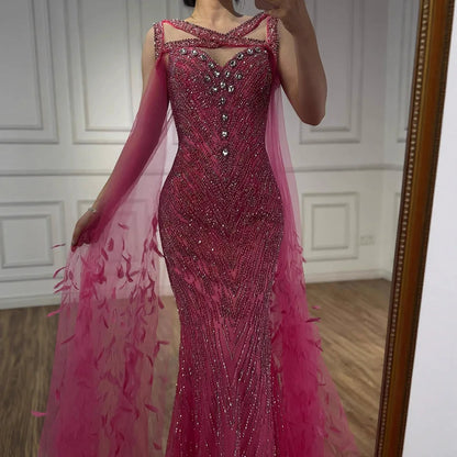 Luxury Fuchsia Mermaid Evening Dress with Cape Sleeves and Feathers LA72286 - SERENE HILL