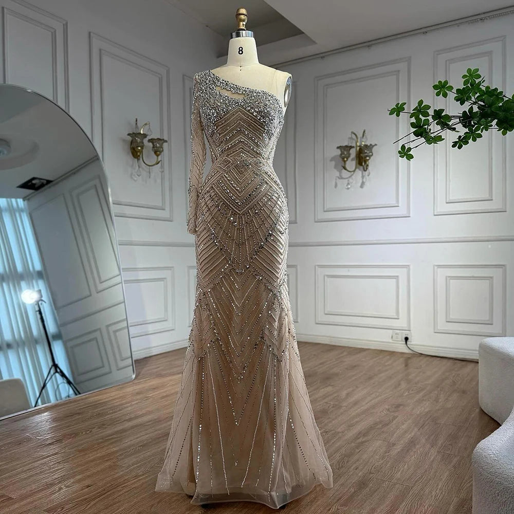 Luxury Nude One Shoulder Long Sleeve Beaded Evening Dress LA73180 - SERENE HILL
