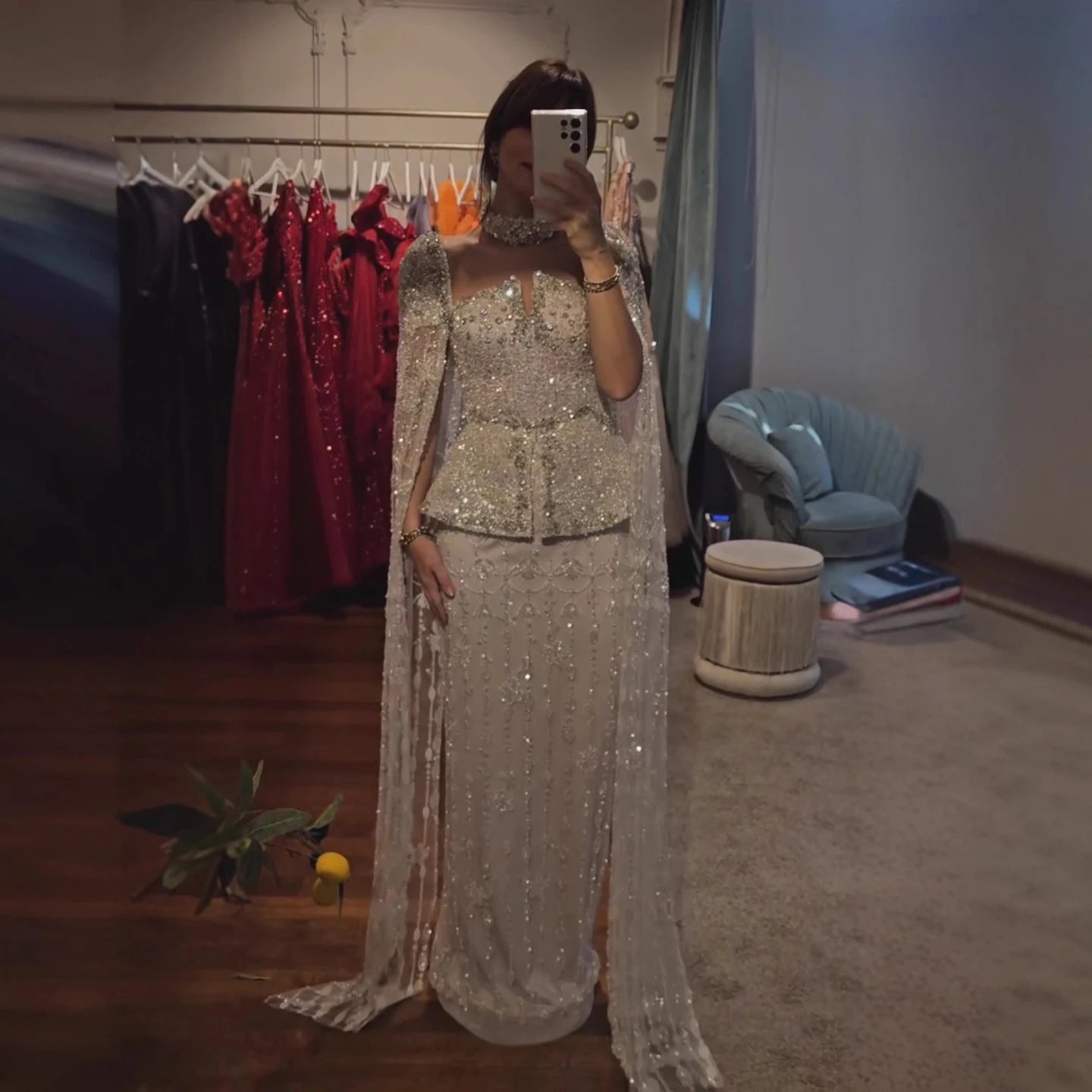 Luxury Silver Dubai Crystal Beaded Evening Dress with Cape LA73274 - SERENE HILL