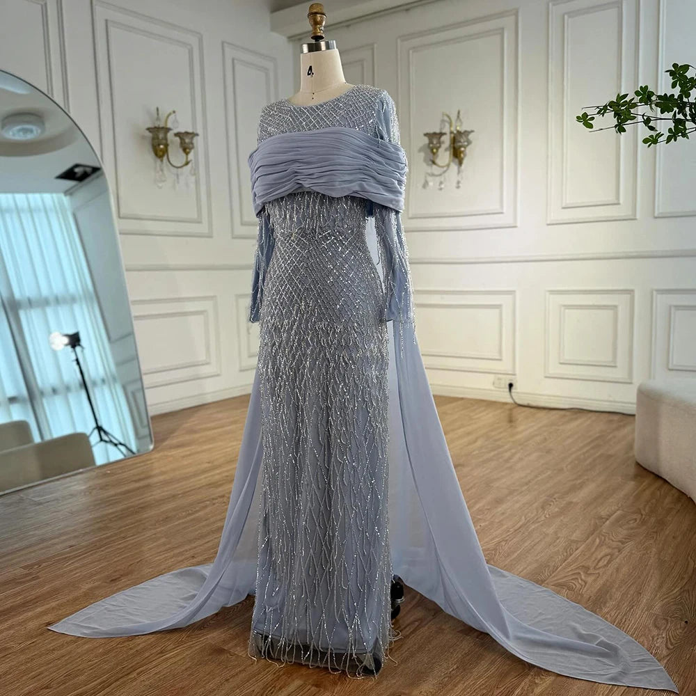 Arabic Blue Mermaid Evening Dress with Beaded Tassels LA72374A - SERENE HILL