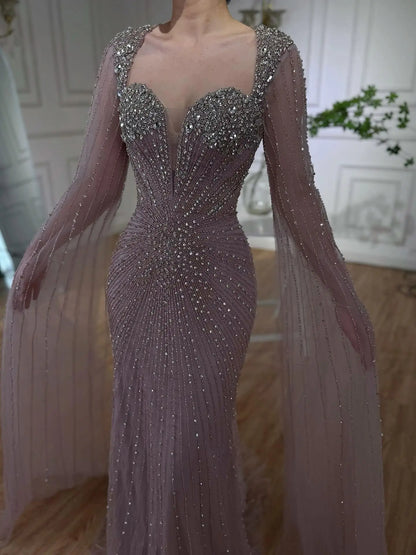 Luxury Caramel Crystal Beaded Mermaid Evening Dress with Cape LA72575D - SERENE HILL