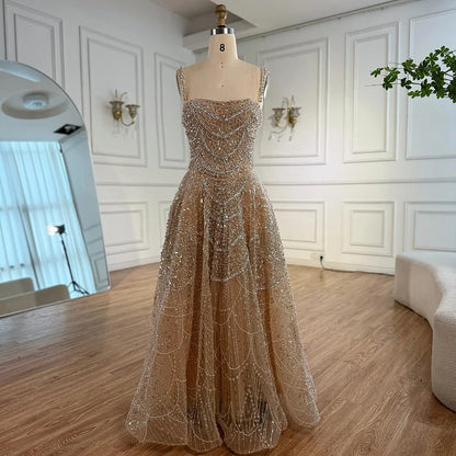 Luxury Nude A-Line Evening Dress with Pearls and Crystals LA72983A - SERENE HILL