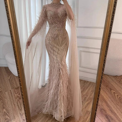 Luxury Nude Feather Beaded High Neck Formal Evening Dress for Women LA71885C - SERENE HILL