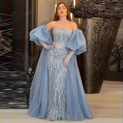 Luxury Dubai Arabic Blue Mermaid Balloon Sleeves Beaded Evening Dresses LA71823 - SERENE  HILL