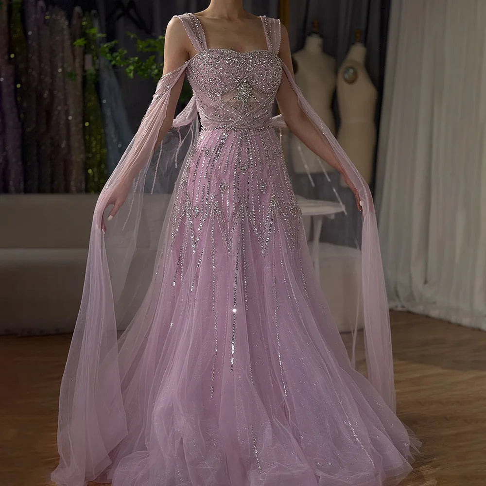 Luxury Dubai pink Beaded Spaghetti Strap Design A-Line Evening Dresses Gowns with Cape Sleeves for Formal Occasion LA72726 - SERENE HILL