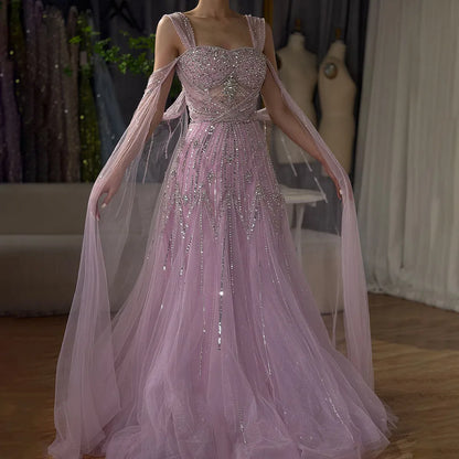 Luxury Dubai pink Beaded Spaghetti Strap Design A-Line Evening Dresses Gowns with Cape Sleeves for Formal Occasion LA72726 - SERENE HILL