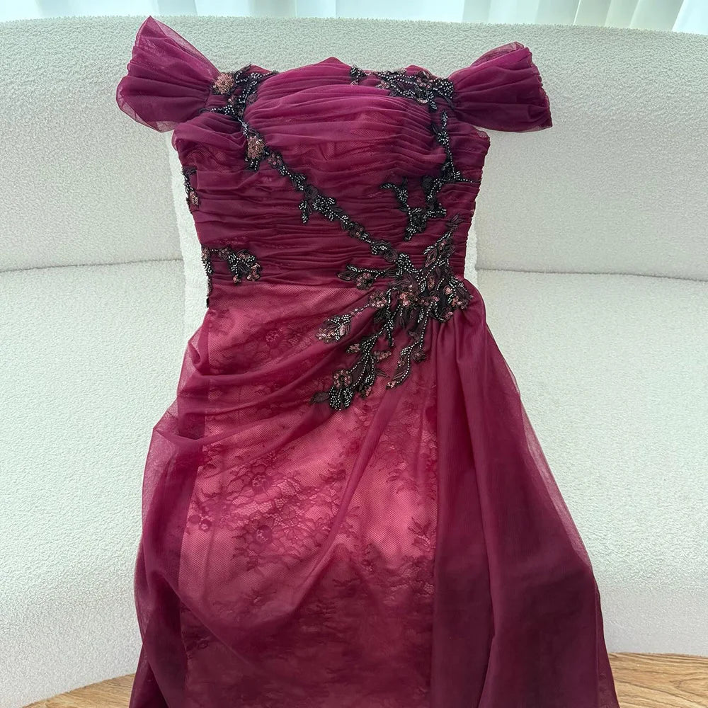 Elegant Wine Red Off Shoulder Lace Evening Dress with Appliques LA73010 - SERENE HILL