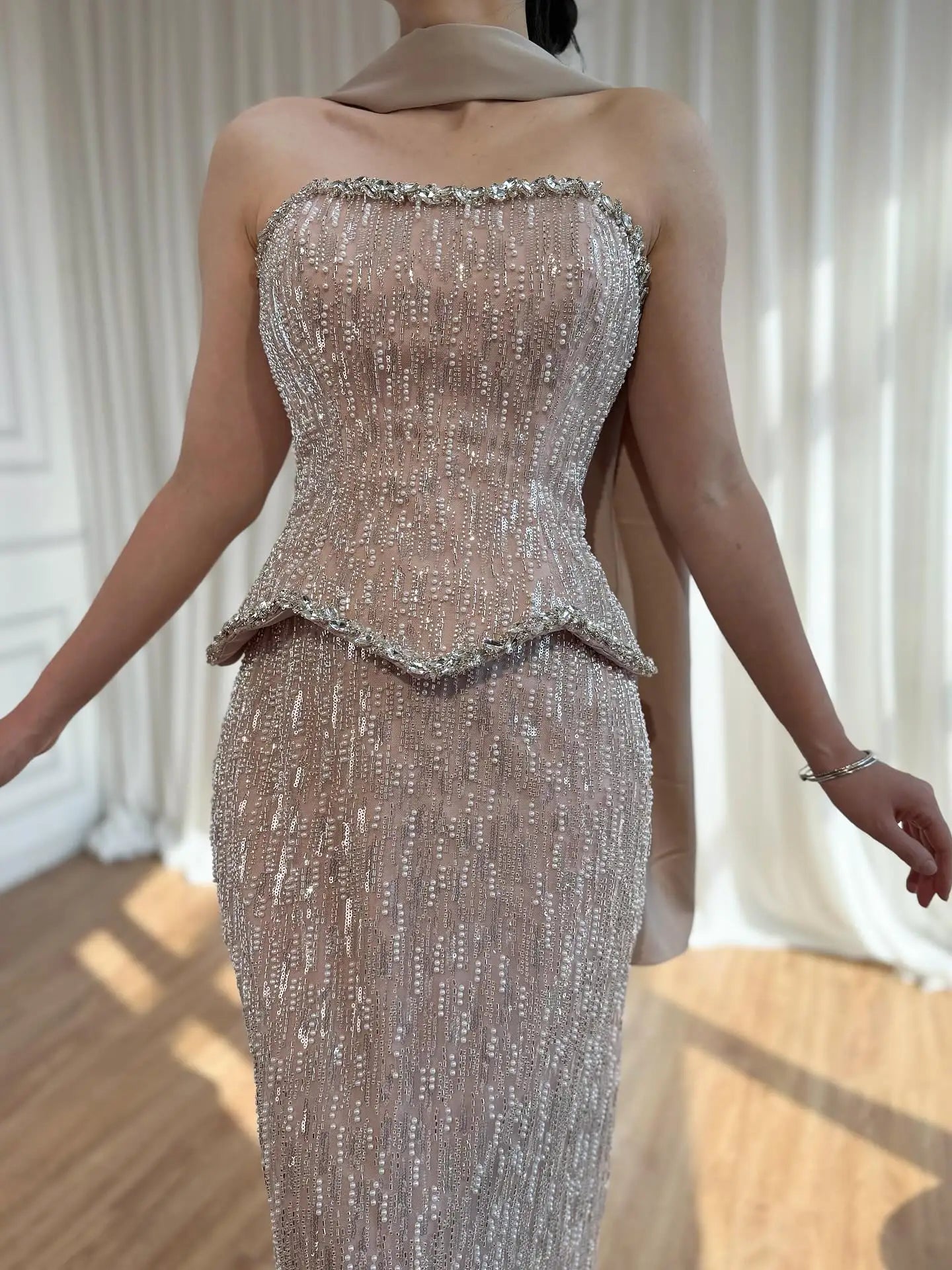 Luxury Nude 2 Pieces Pearl Sequin Evening Dress with Scarf LA73076A - SERENE HILL