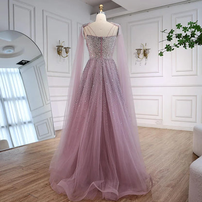Luxury Pink Tulle Beaded A-Line Evening Dress with Cape Sleeves LA73072 - SERENE HILL