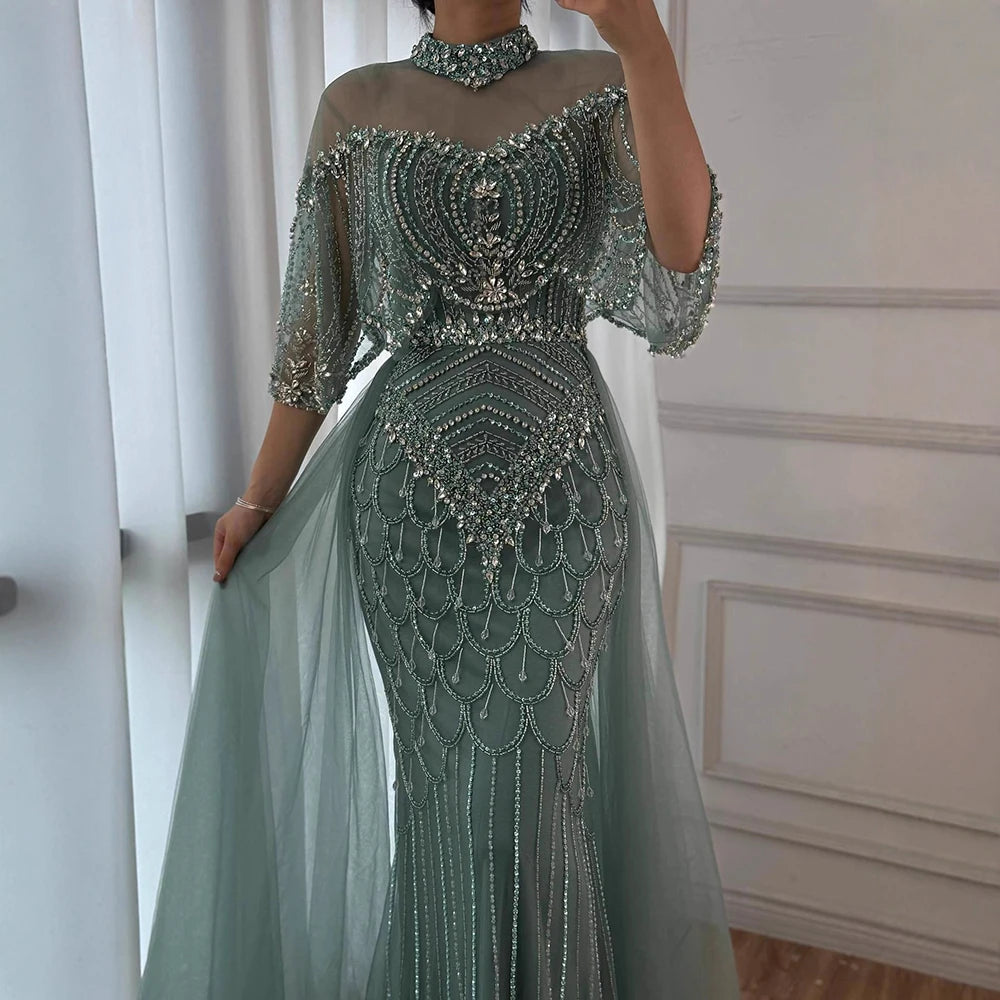 Luxury Gray Beaded Evening Dress with Overskirt LA73129 - SERENE HILL