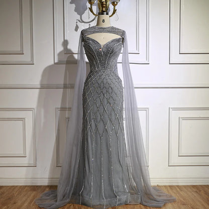 Luxury Nude Beaded Mermaid Evening Dress with Cape LA72814 - SERENE HILL